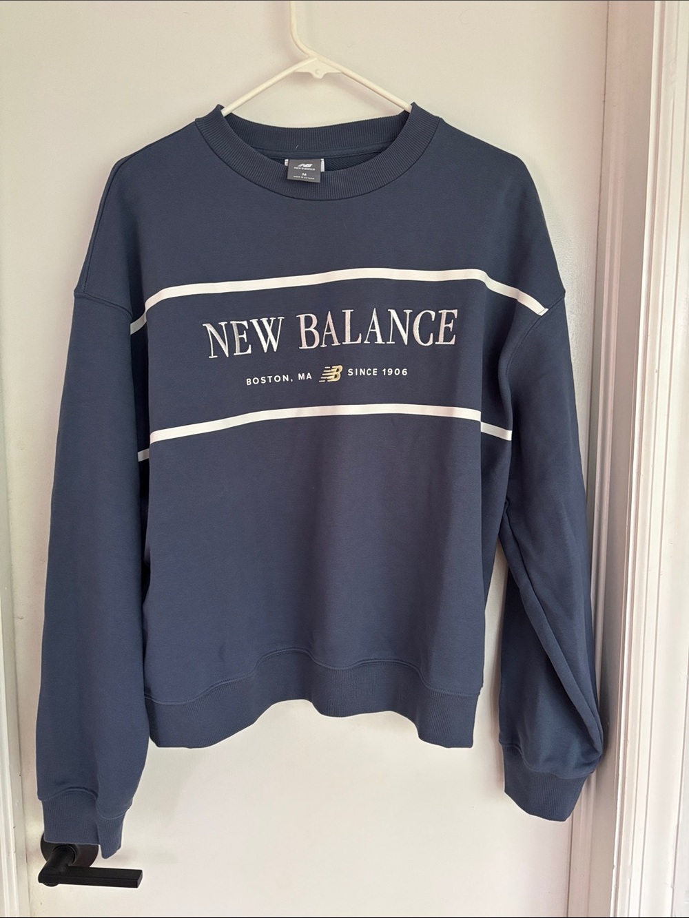 New Balance Women's Navy Crewneck Sweatshirt w/ White Stripe & Embroidered Logo